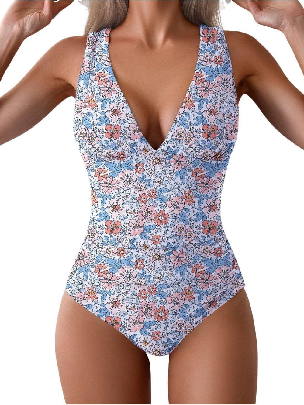 Floral V-Neck One-Piece Swimsuit - Blue & Pink
